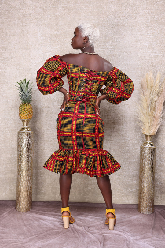 African print short corset dress.