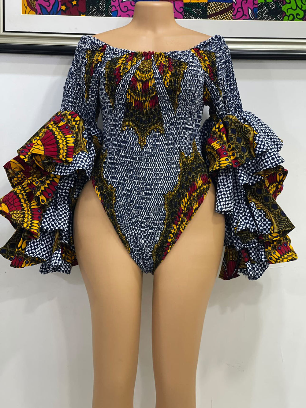 African print smoked off shoulder bodysuit with double layers sleeves