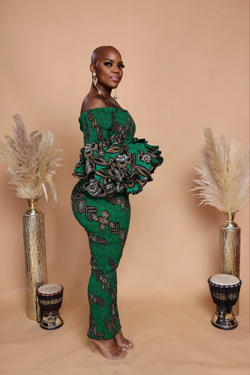 African print smoked puff sleeves body-con dress.
