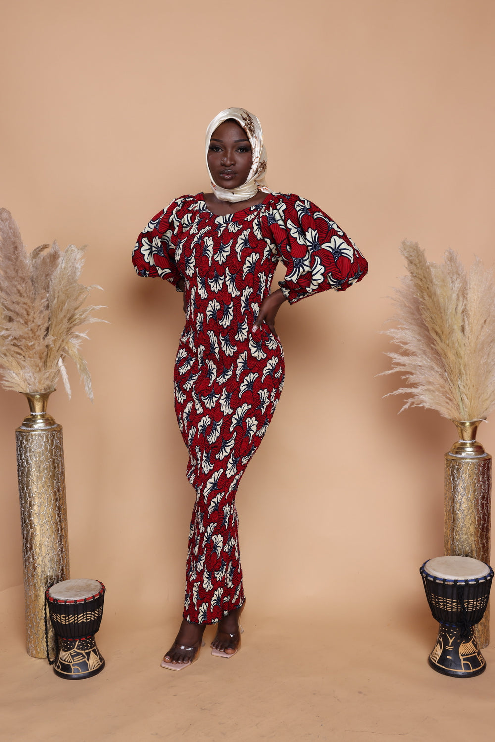 African print smoked puffy sleeves bodycon dress.