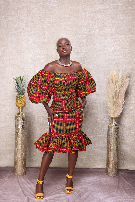 African print short corset dress.