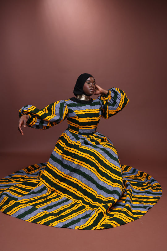African print long maxi dress with puffy sleeves, Long African print dress.