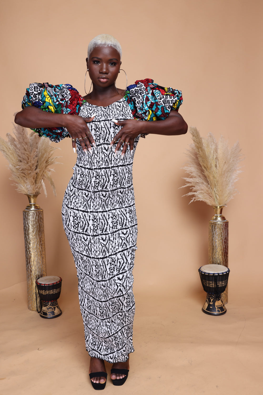 African smoked puffy sleeves body-con dress.