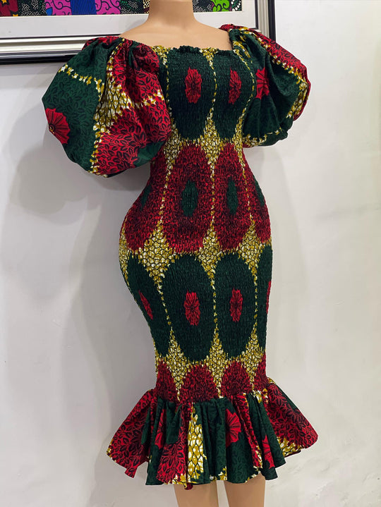African print smoke body-con dress with puffy dress.