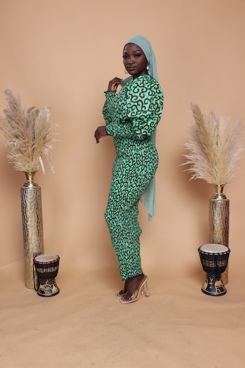 African print smoked puffy sleeves long bodycon dress.