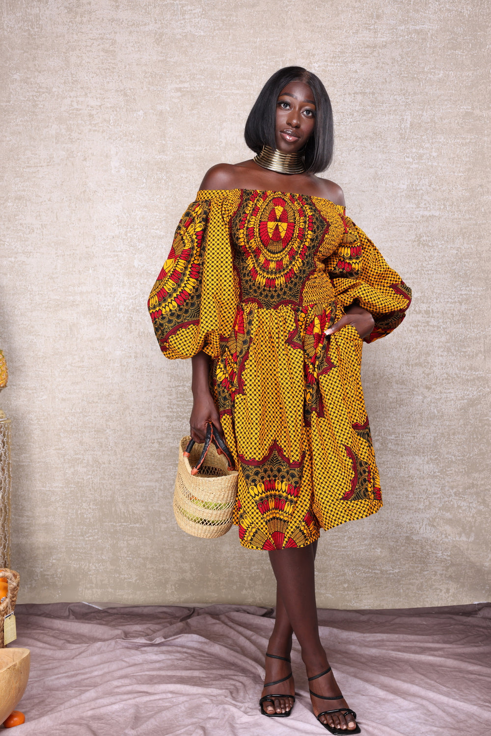 African print stretchy puffy sleeve short maxi dress.