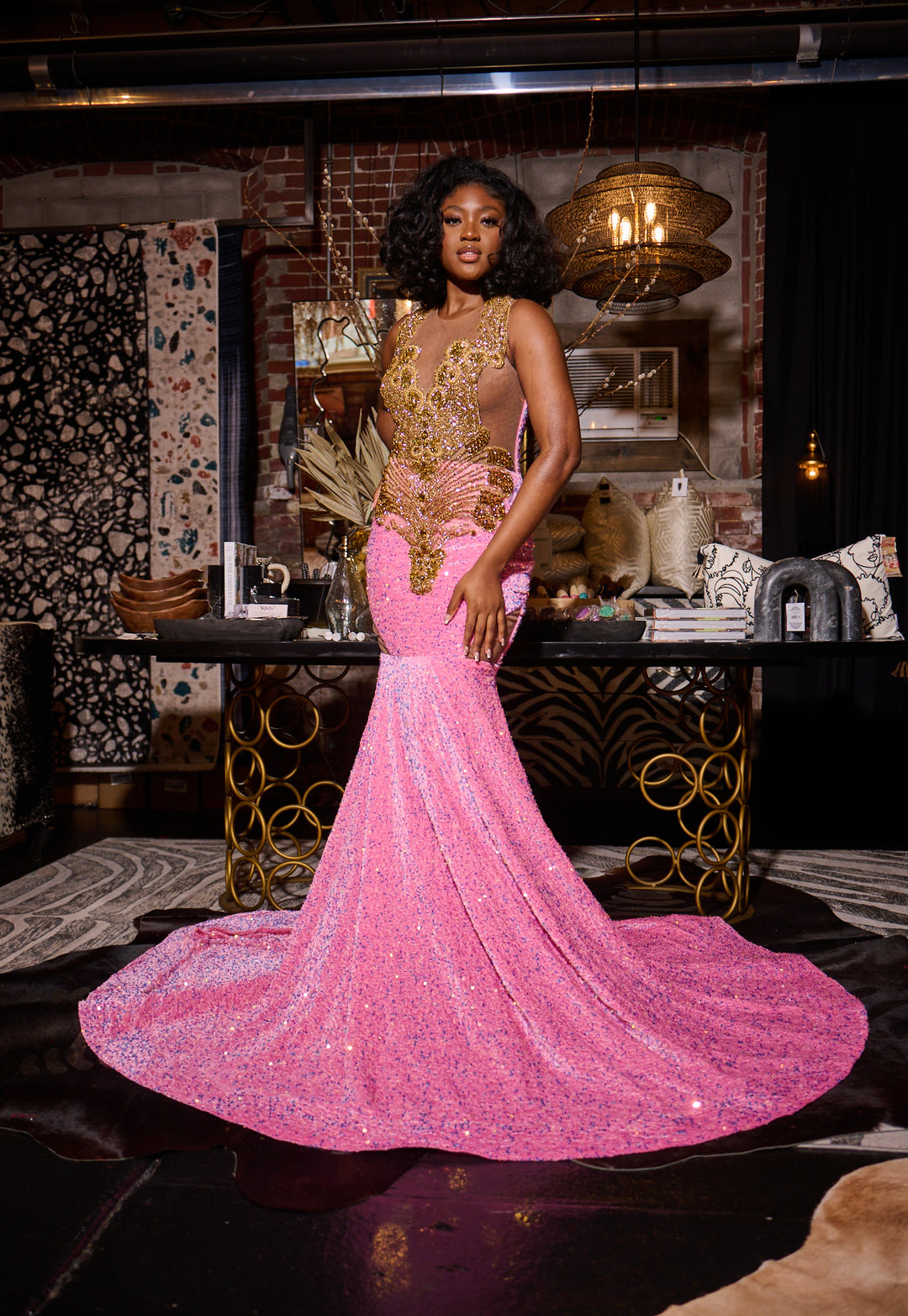 Pink Velvet Sequins Prom Dress With Gold Bodice Rhinestones.