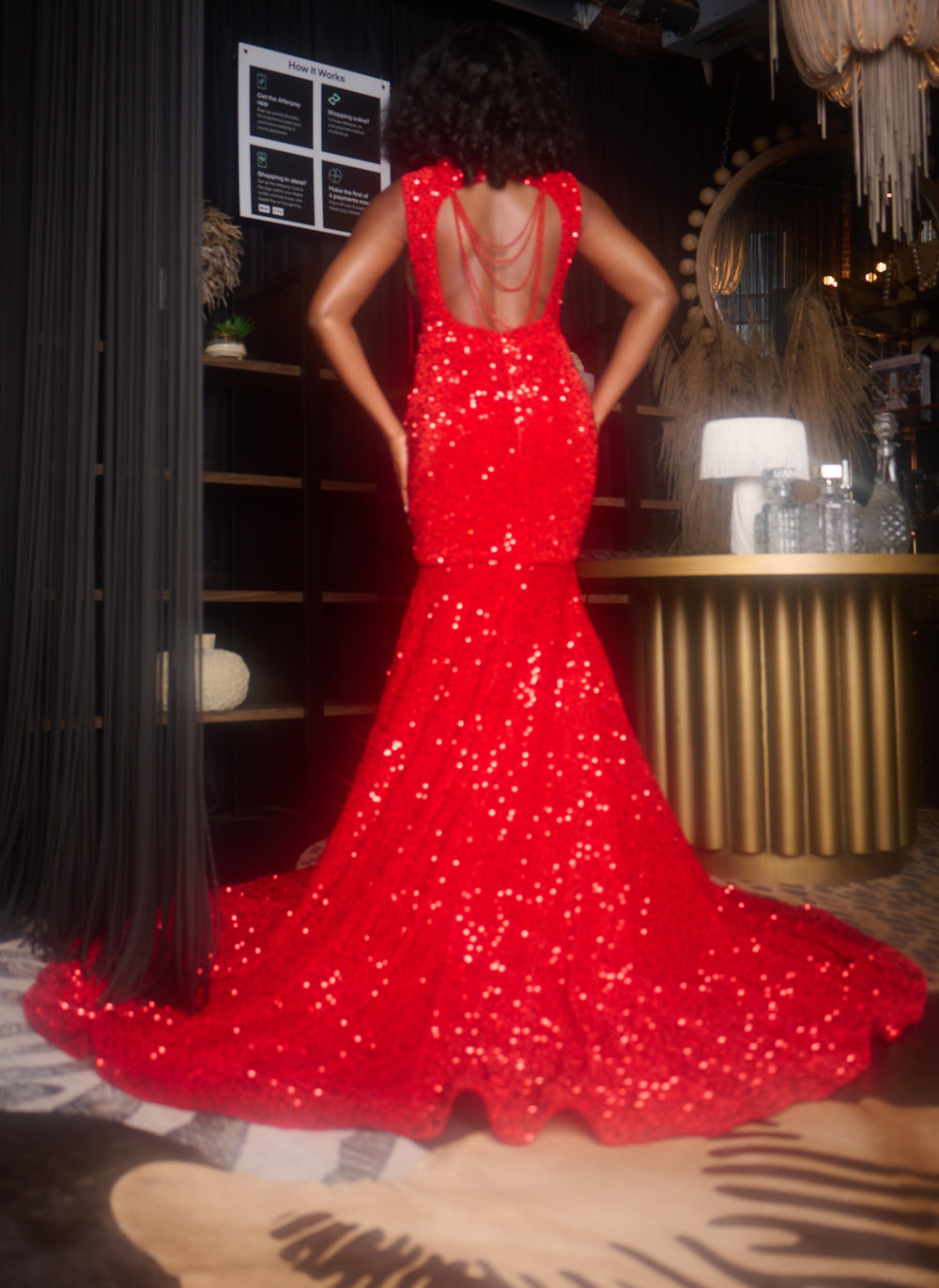 Red Velvet Sequins Prom Dress With Red Bodice Rhinestones.