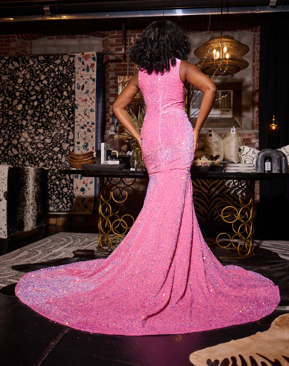 Pink Velvet Sequins Prom Dress With Gold Bodice Rhinestones.