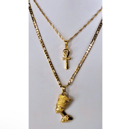 3 pieces Ankh, Nefertiti, and Africa map unisex gold necklace set.