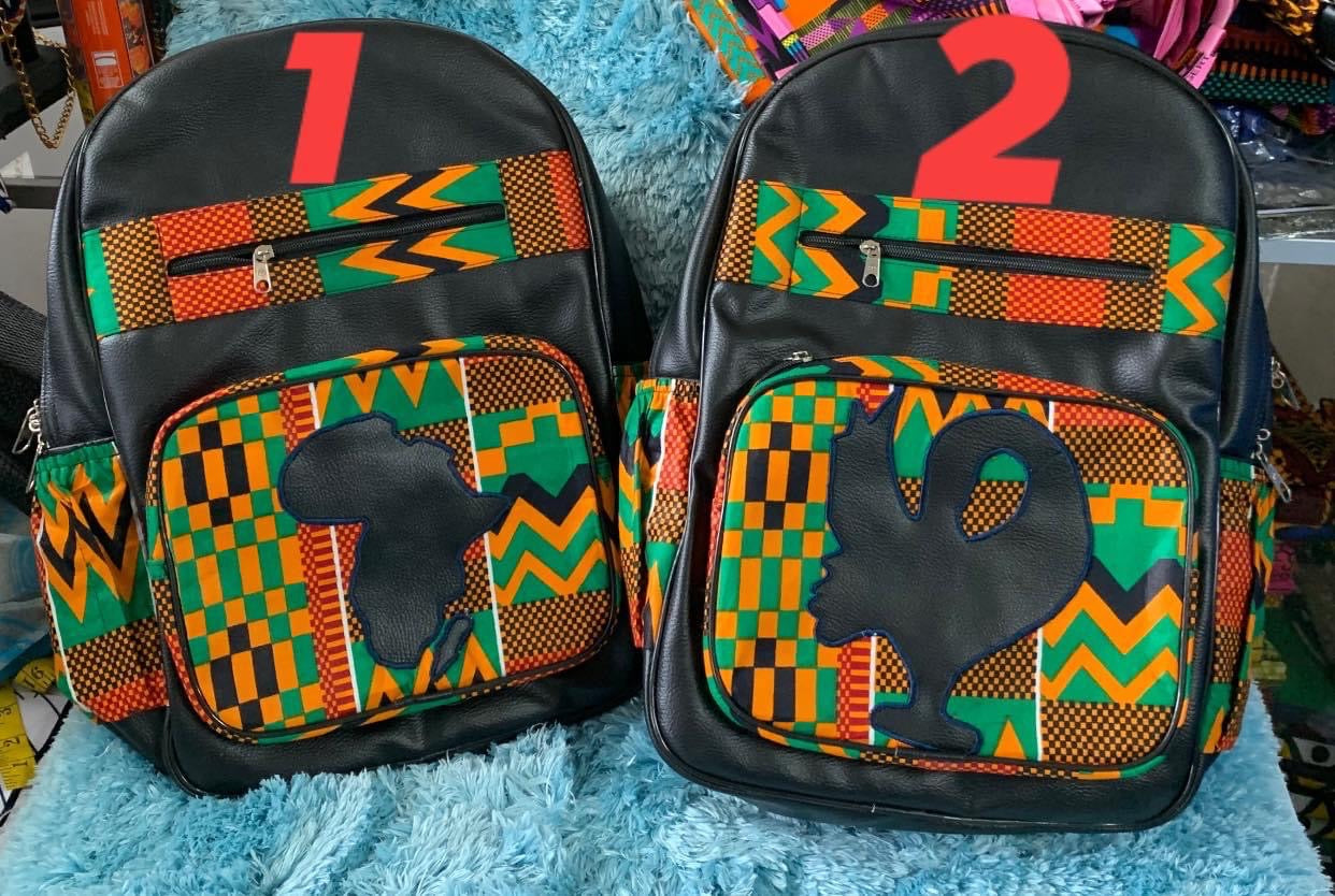 Kente Print and real leather backpack – K.D.Kollections Store Kente Print and real leather backpack – K.D.Kollections Store