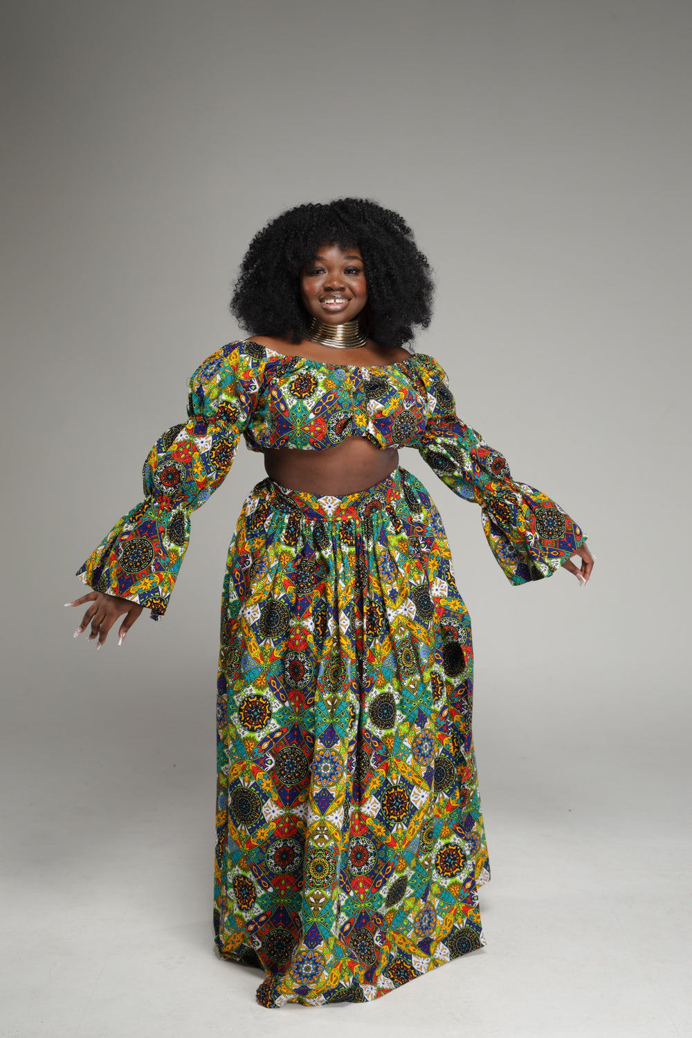 African Print Long Skirt, Long Sleeve Crop Top set.❤️‍🔥