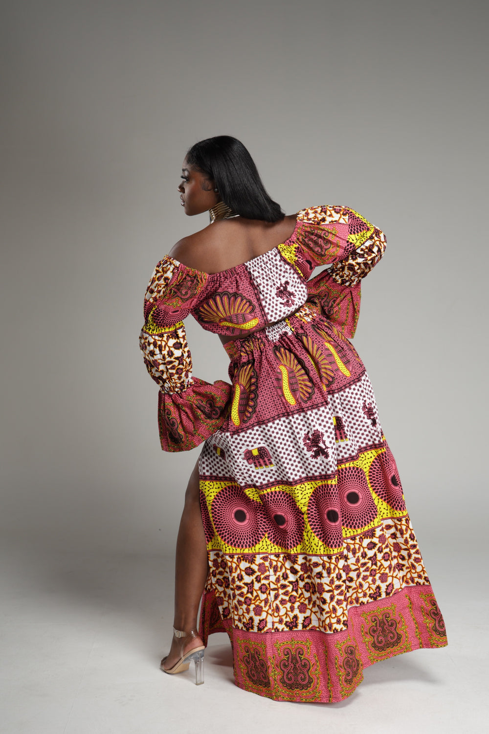 African Print Long Skirt, Long Sleeve Crop Top set.❤️‍🔥