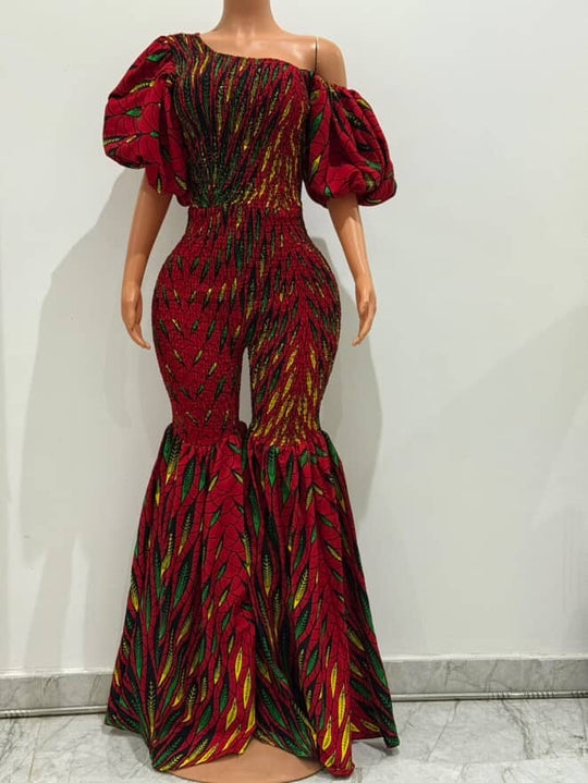 Off Shoulder African Print Stretchy Bell Bottom Jumpsuit.
