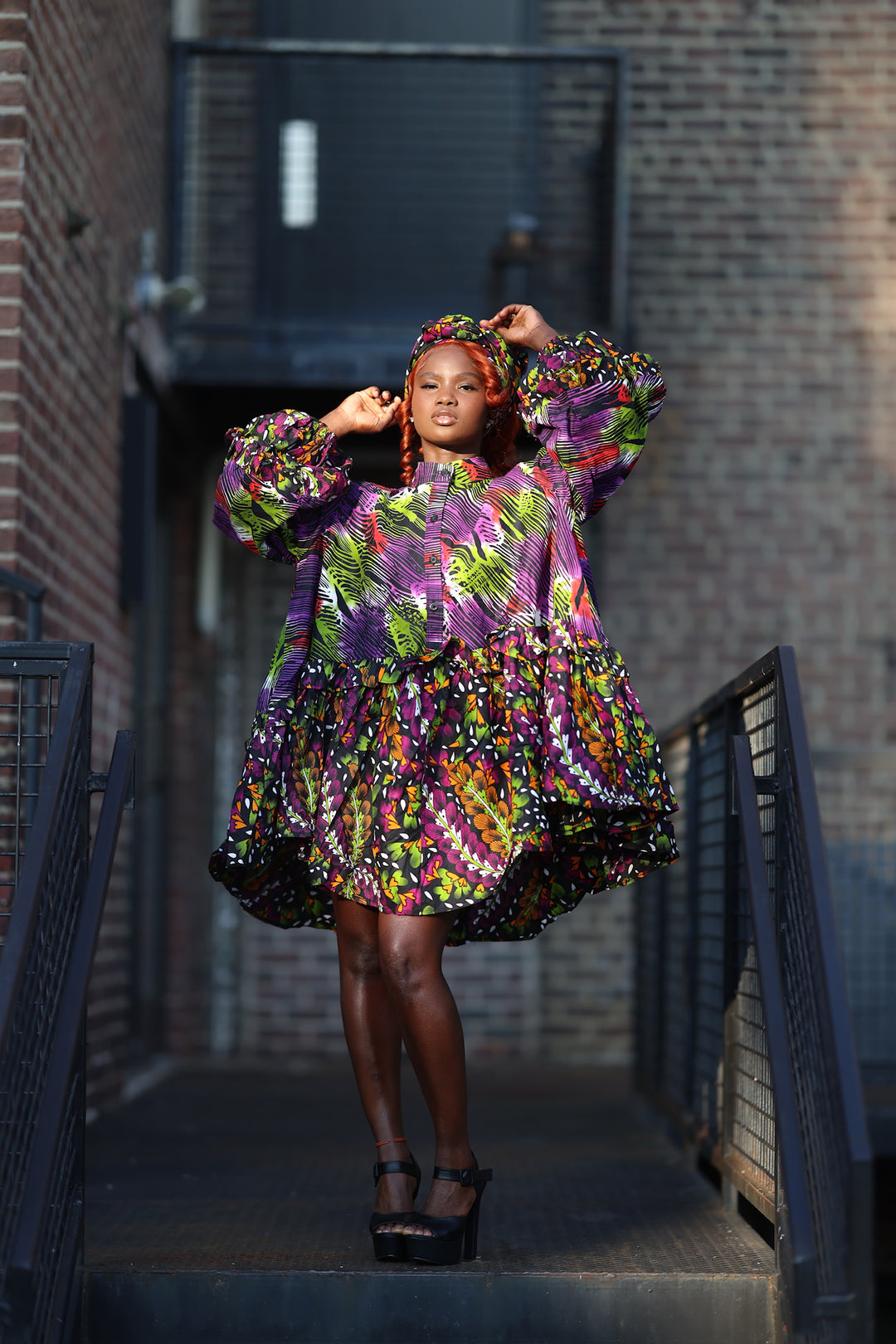 African print short A line flare dress with pockets.