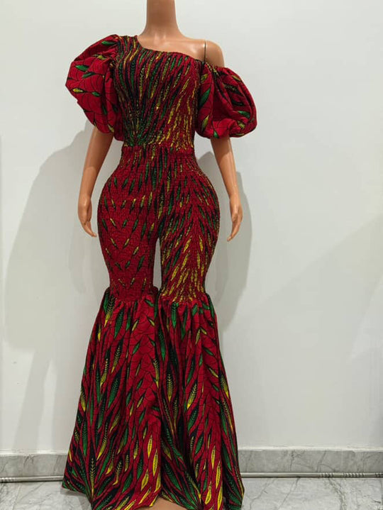 Off Shoulder African Print Stretchy Bell Bottom Jumpsuit.