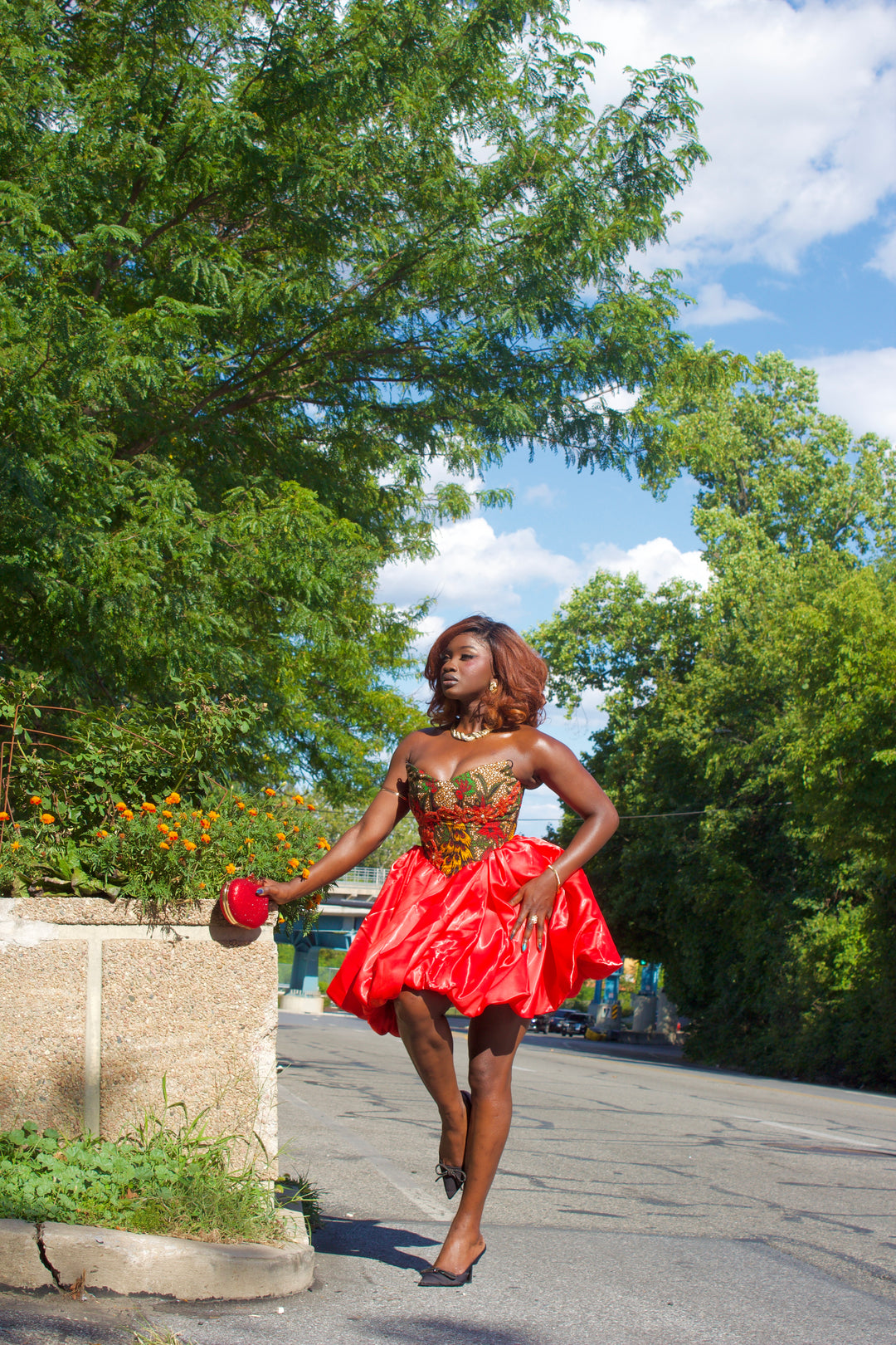 African Print Corset Mini Dress with Luxurious Liquid Satin Bubble Skirt