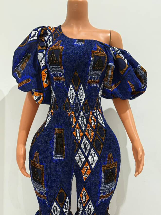 Off Shoulder African Print Stretchy Bell Bottom Jumpsuit.