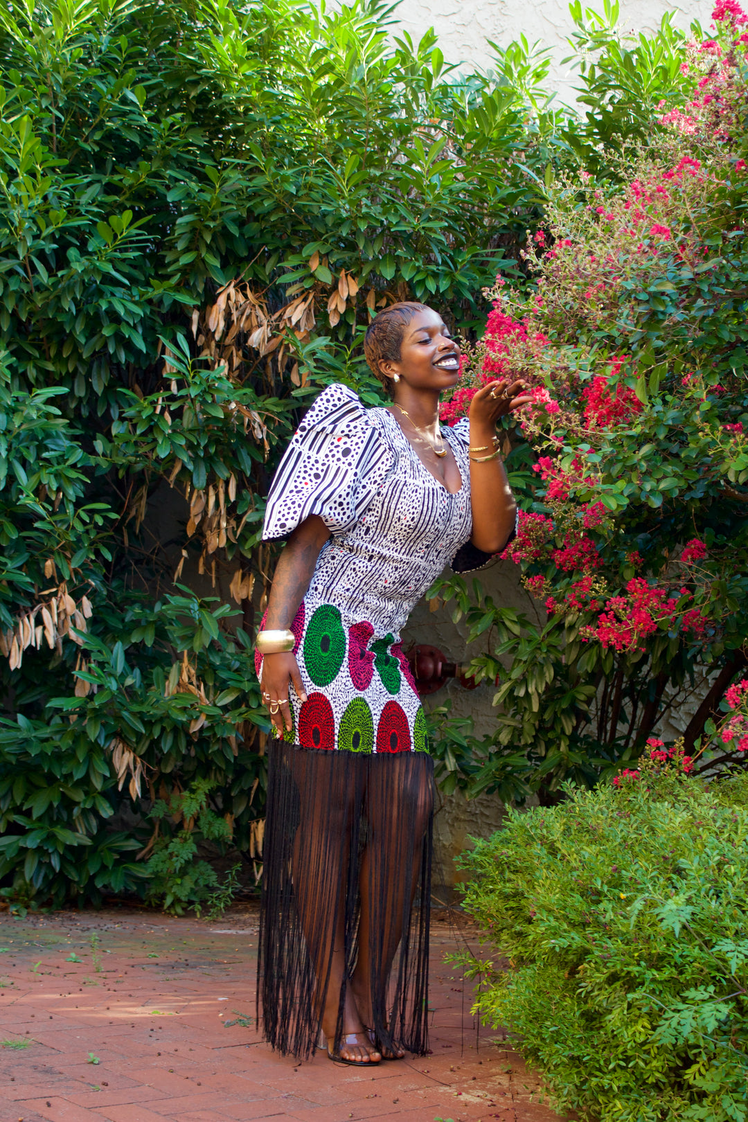 African print smoked bodycon dress with dripping fringe.