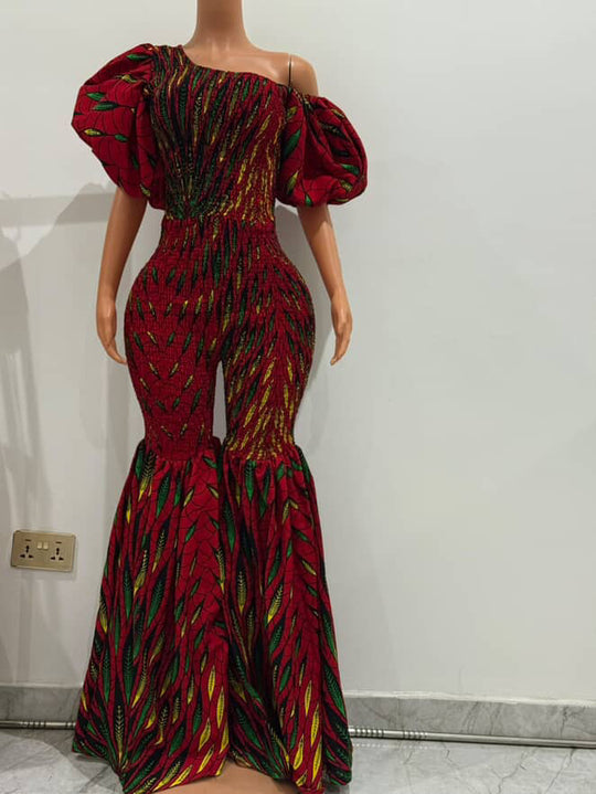 Off Shoulder African Print Stretchy Bell Bottom Jumpsuit.