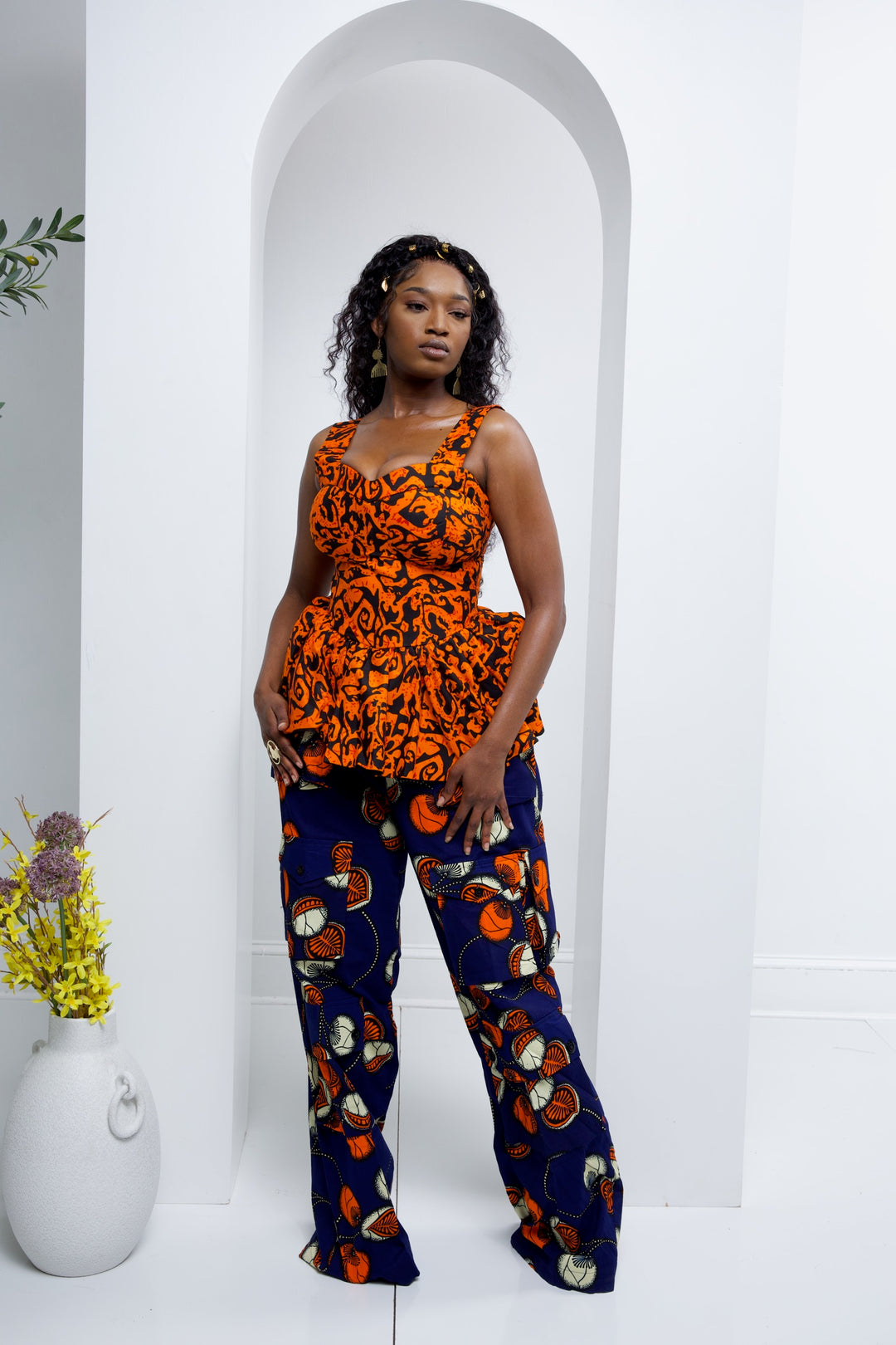 African print cargo pants with corset top. African print two pieces sets.