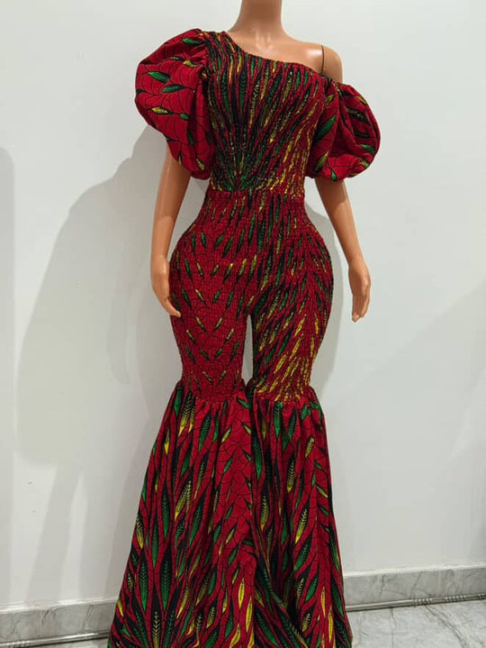 Off Shoulder African Print Stretchy Bell Bottom Jumpsuit.