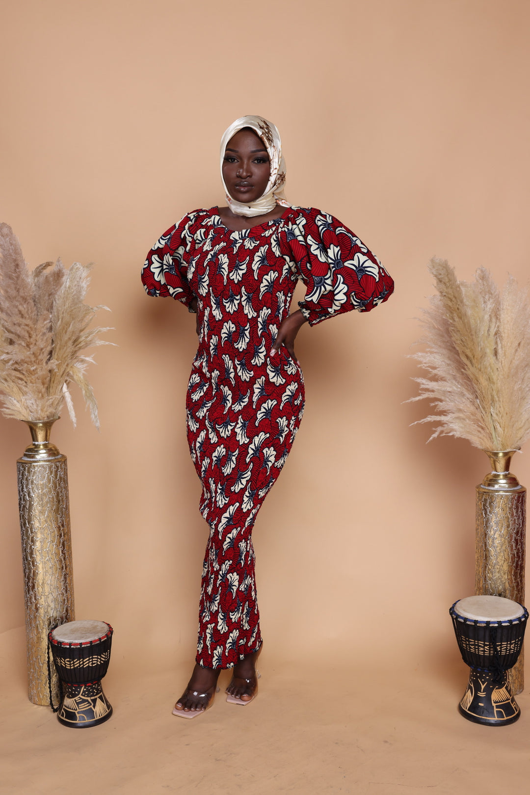 African print smoked puffy sleeves bodycon dress