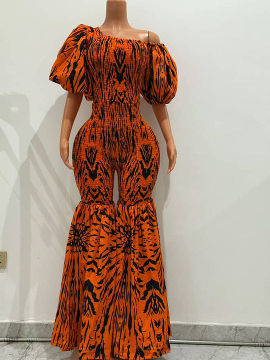 Off Shoulder African Print Stretchy Bell-Bottom Jumpsuit.