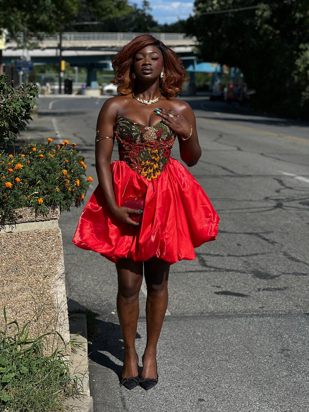 African Print Corset Mini Dress with Luxurious Liquid Satin Bubble Skirt