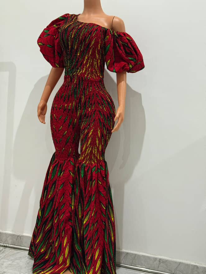 Off Shoulder African Print Stretchy Bell Bottom Jumpsuit.