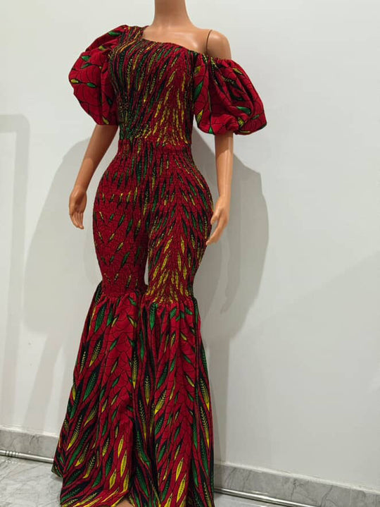 Off Shoulder African Print Stretchy Bell Bottom Jumpsuit.