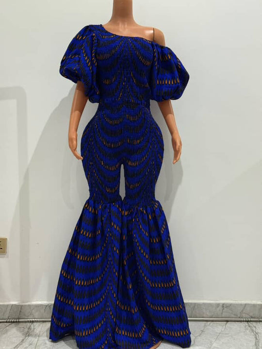 Off Shoulder African Print Stretchy Bell Bottom Jumpsuit.