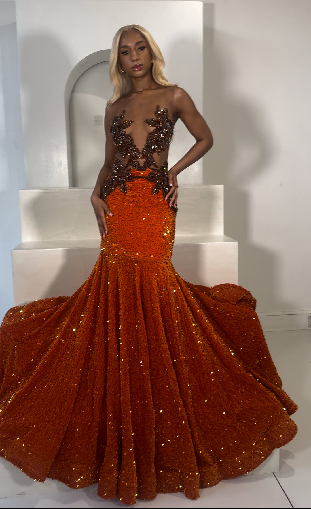 orange velvet prom dress Burnt Orange Velvet Prom Dress 2025 with Detachable Draping Train 14 / Custom Color