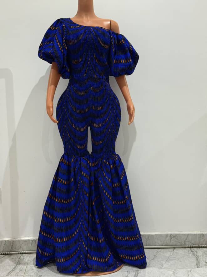 Off Shoulder African Print Stretchy Bell Bottom Jumpsuit.