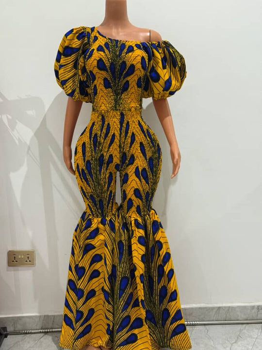 Off Shoulder African Print Stretchy Bell Bottom Jumpsuit.