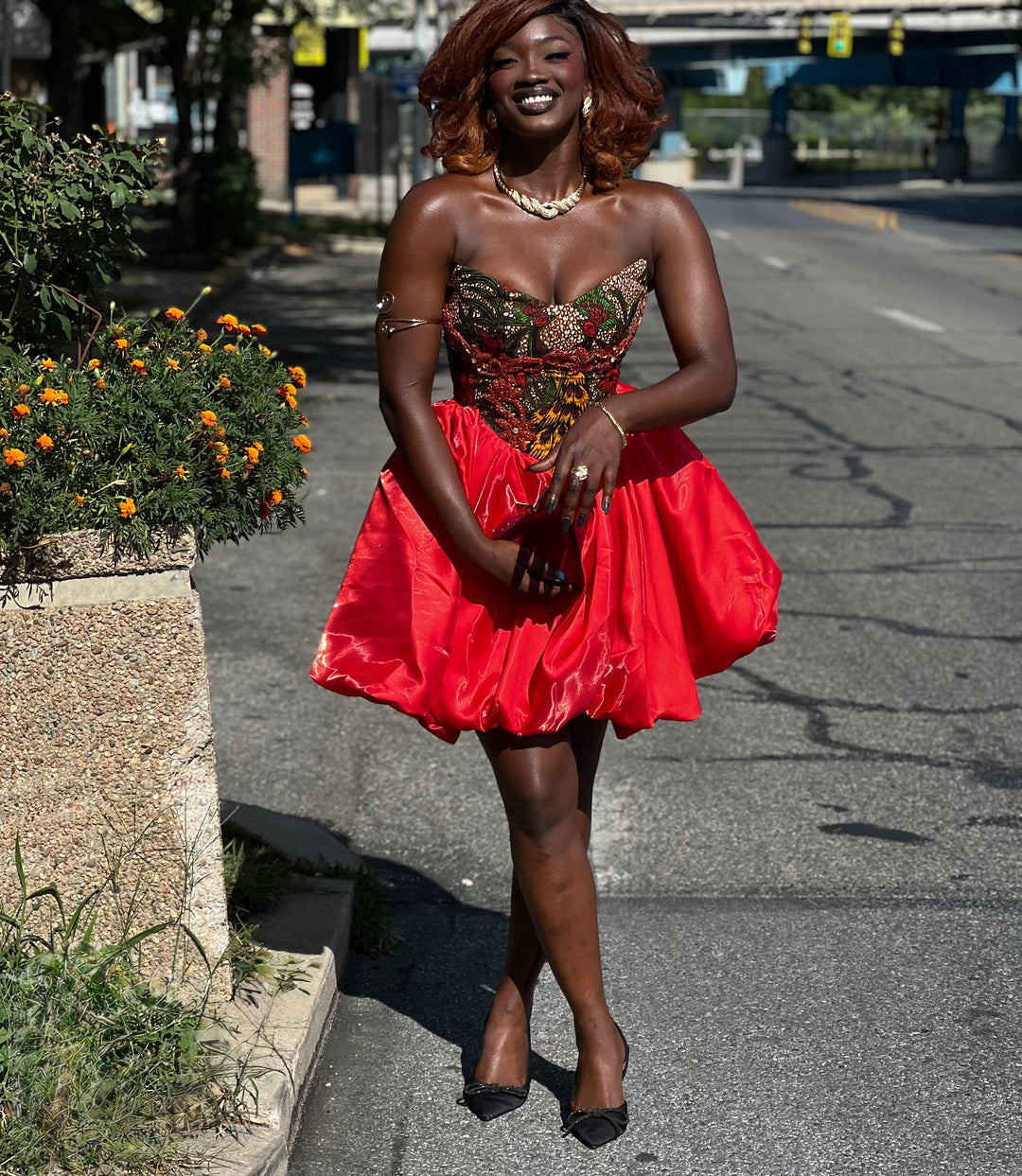 African Print Corset Mini Dress with Luxurious Liquid Satin Bubble Skirt