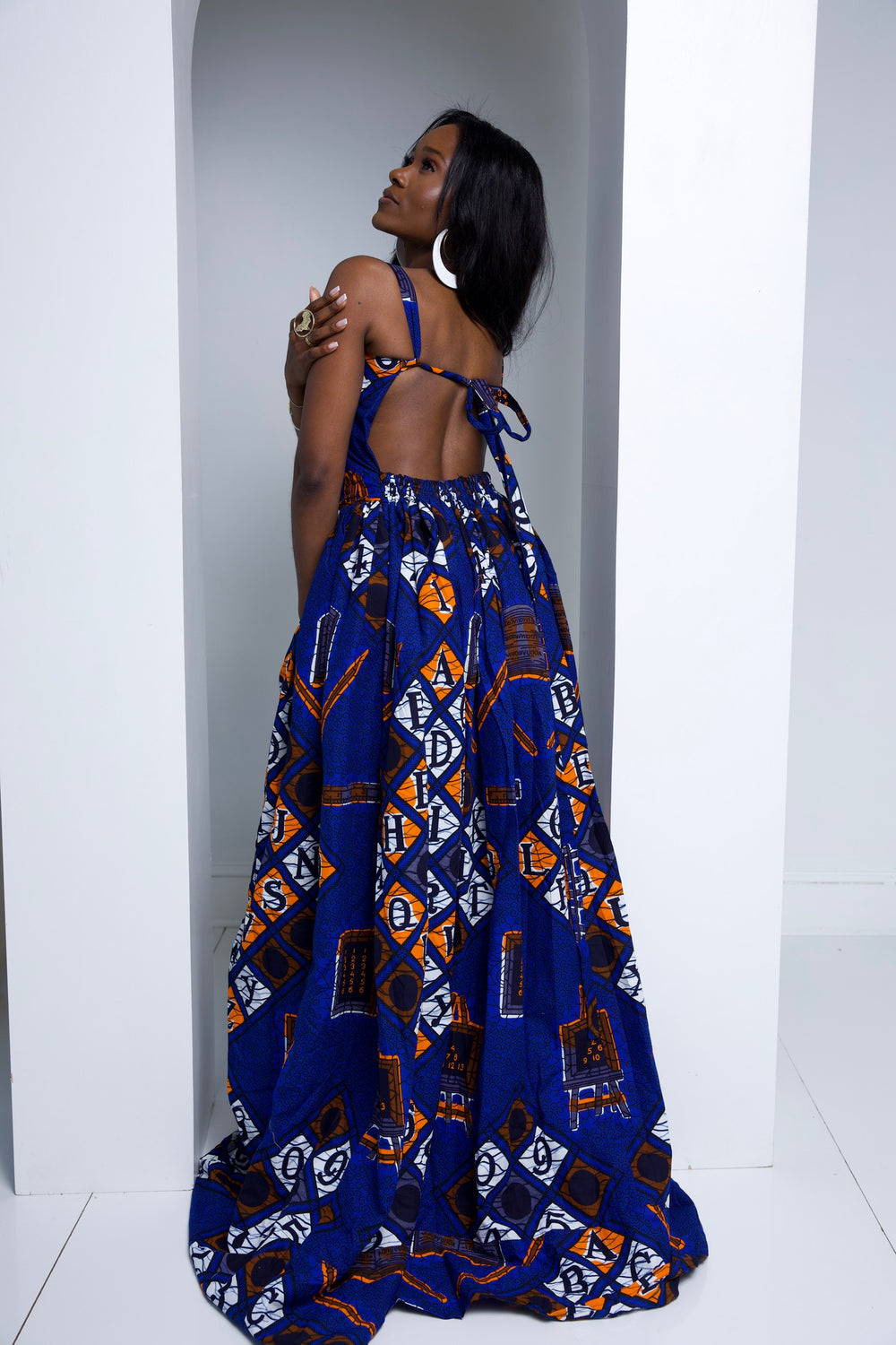 African print long maxi dress with open bareback.
