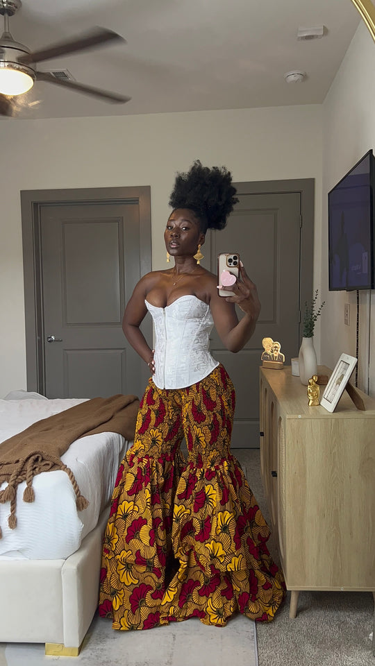 African print stretchy high-waist flare pants.