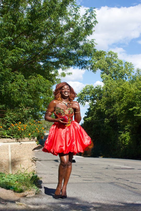 African Print Corset Mini Dress with Luxurious Liquid Satin Bubble Skirt