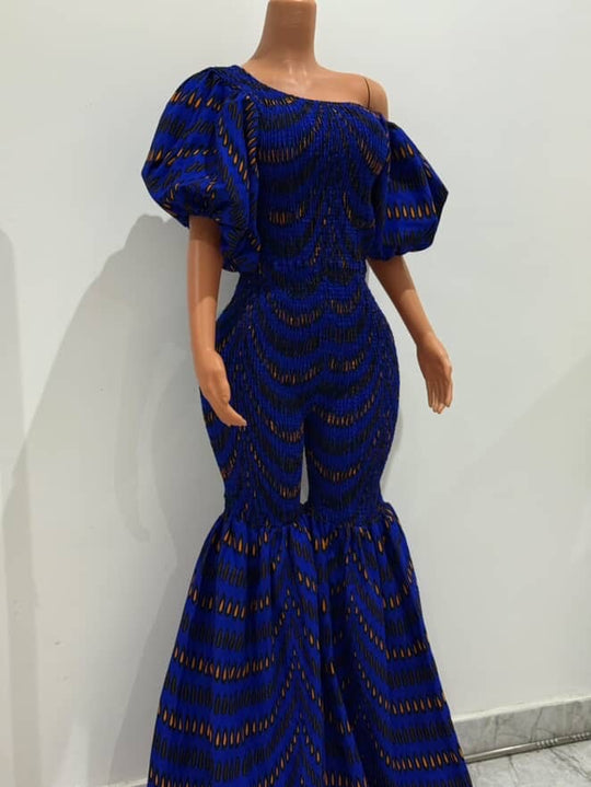 Off Shoulder African Print Stretchy Bell Bottom Jumpsuit.