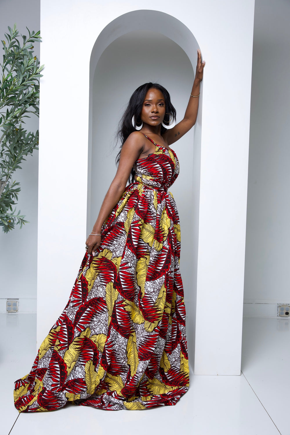 African print long maxi dress with open bareback.
