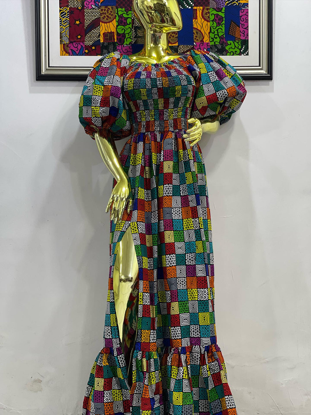 African print stretchy puffy sleeves long maxi dress.