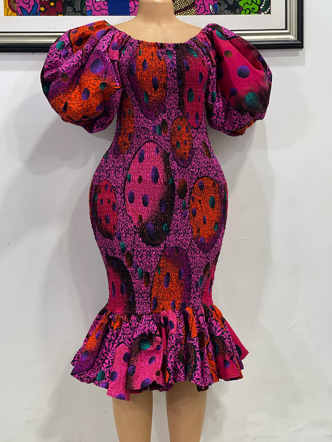 African print smoke body-con dress with puffy sleeves. K.D.Kollections Store African print smoke body-con dress with puffy sleeves. K.D.Kollections Store