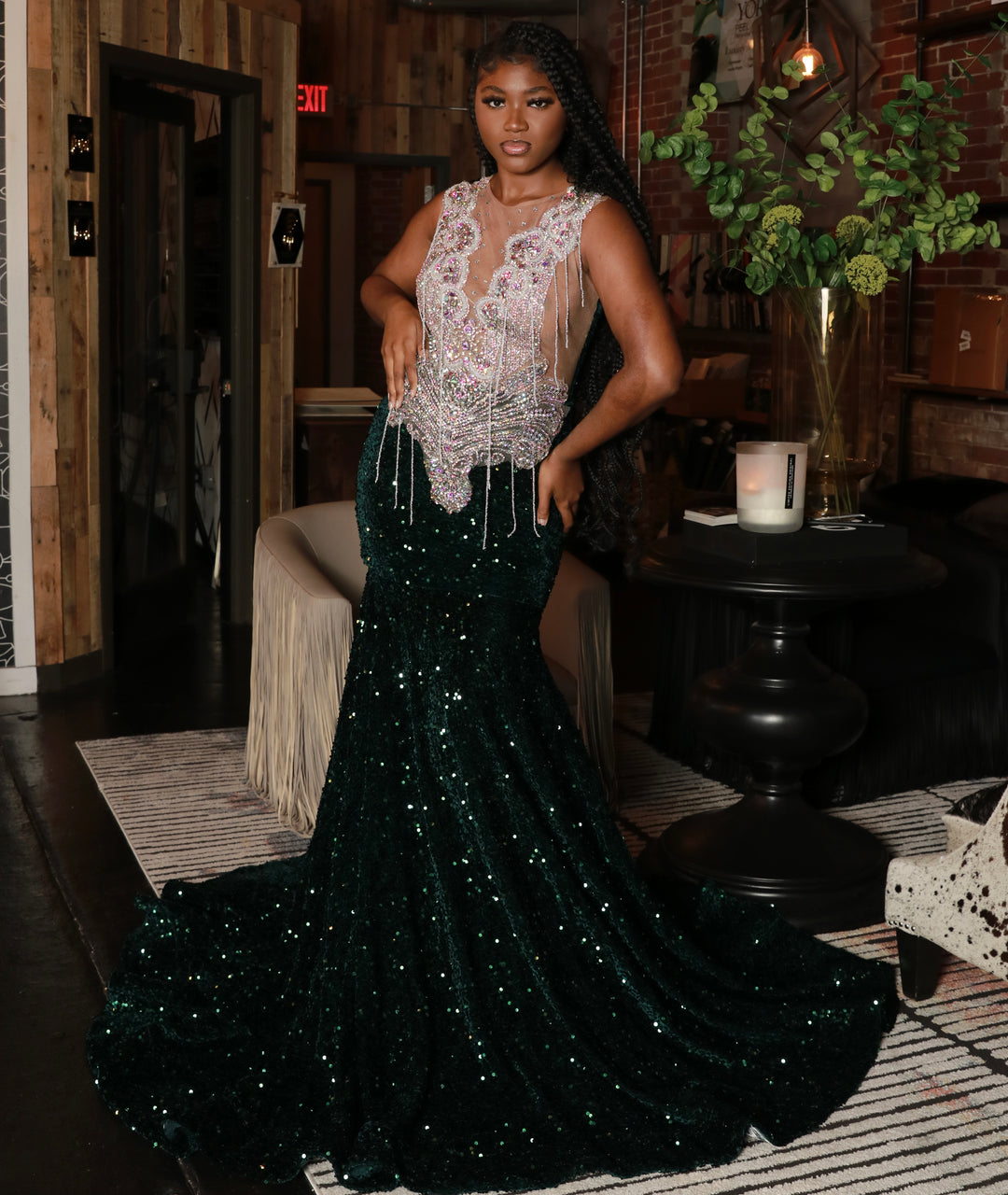 Green velvet sequins prom dress with silver Ab appliqus. K.D.Kollections Store Green velvet sequins prom dress with silver Ab appliqus. K.D.Kollections Store