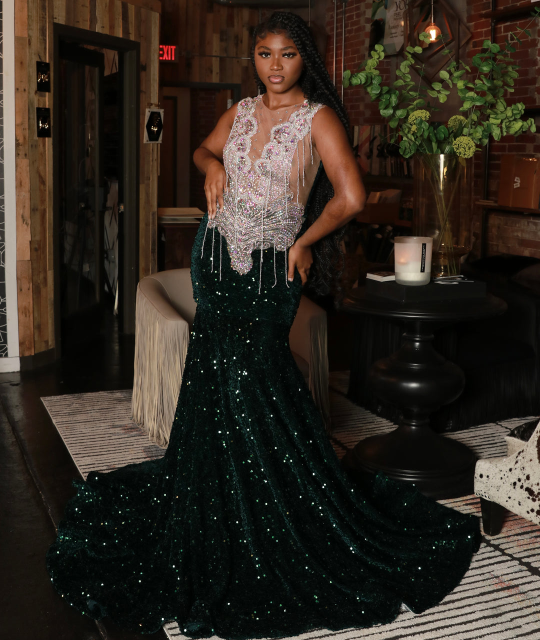Green velvet sequins prom dress with silver Ab appliqués.