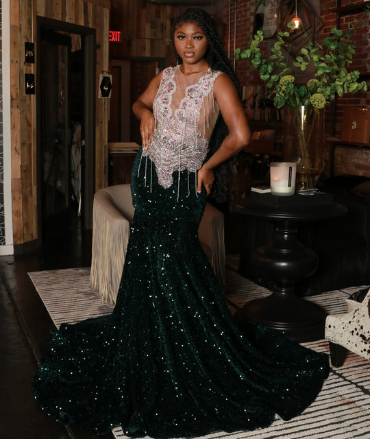 Green velvet sequins prom dress with silver Ab appliqués.