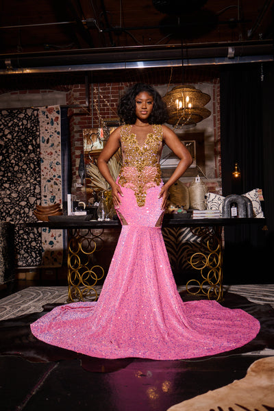 Pink Velvet Sequins Prom Dress With Gold Bodice Rhinestones. – K.D.Kollections Store