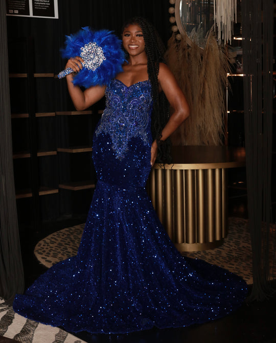 Royal blue velvet sequin prom dress with blue appliqués.💙