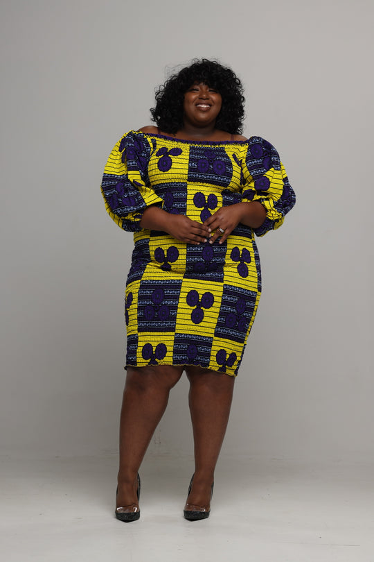 Short puffy sleeve elastic dress.