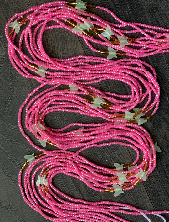 Pink and gold waist beads with glow and the dark butterfly 🦋